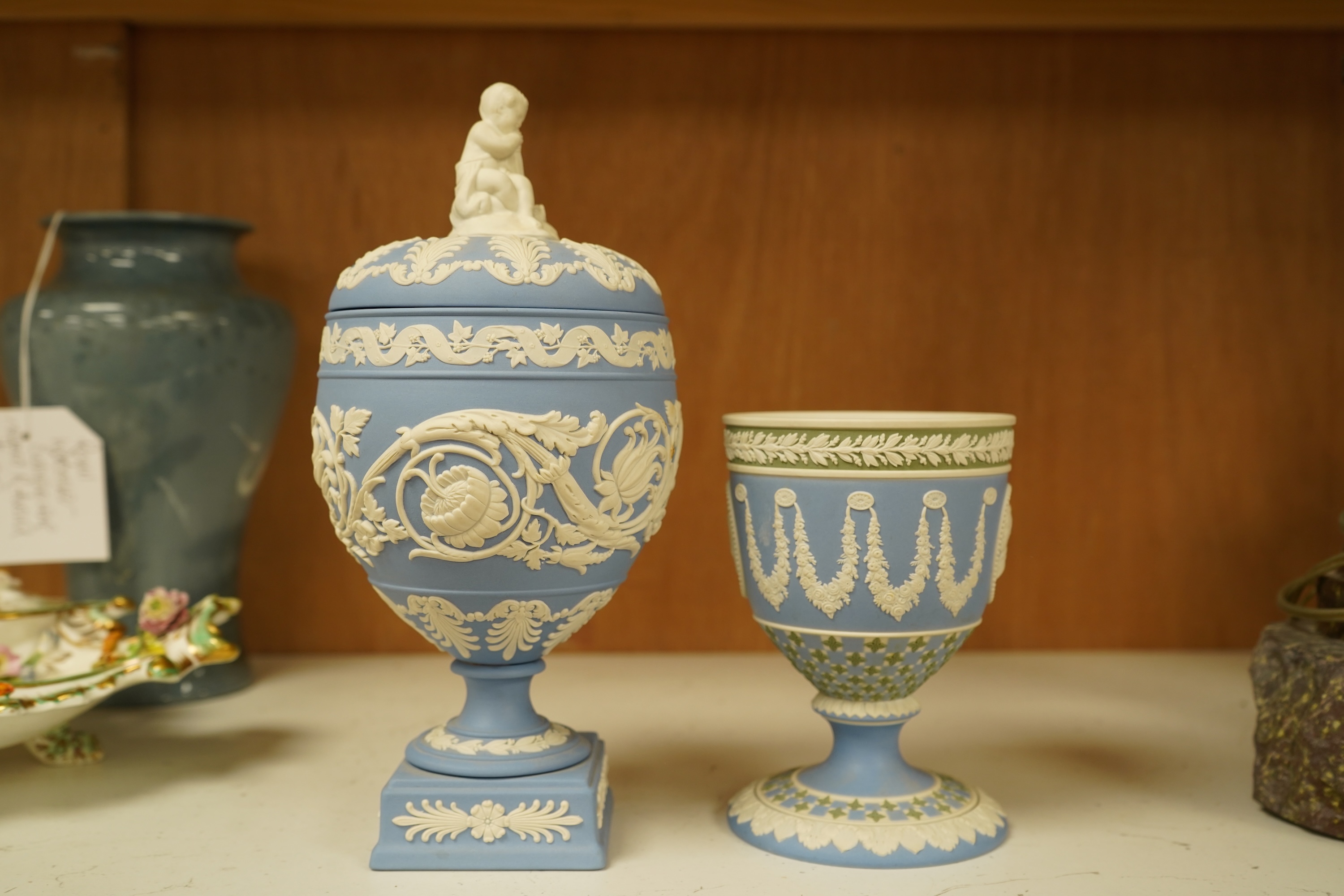 A Wedgwood jasper ware urn and goblet, limited edition 146/200, with certificate, 22cm high
